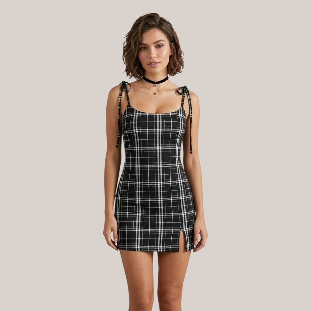 Cute Black and White Plaid Tartan Mini Dress
